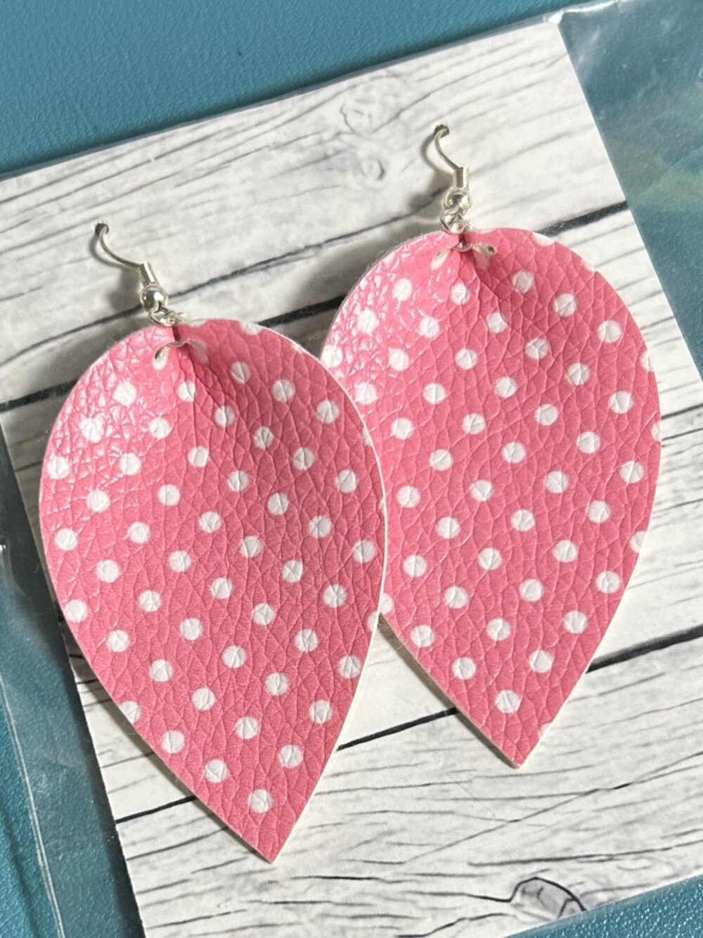 Pink & White Polka Dot Faux Leather Teardrop Dangle Earrings Boutique NWT